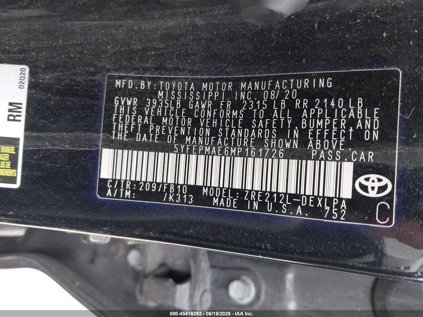 2021 Toyota Corolla VIN 5YFEPMAE6MP161726 IAAI salvage auction — FRONT END, Scrap (Michigan), sold $2,050 on 2026-07-16 (photo 9)
