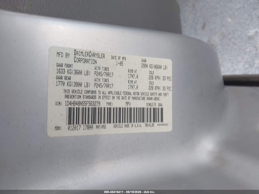 2005 Dodge Durango VIN 1D4HB48N55F563279 IAAI salvage auction — NORMAL WEAR, Clear - Dealer Only (California), sold $300 on 2026-07-10 (photo 9)