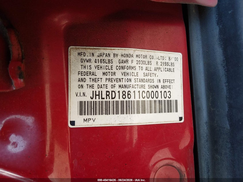 2001 Honda Cr-v VIN JHLRD18611C000103 IAAI salvage auction — NORMAL WEAR, Clear (New Jersey), sold $425 on 2026-07-20 (photo 9)