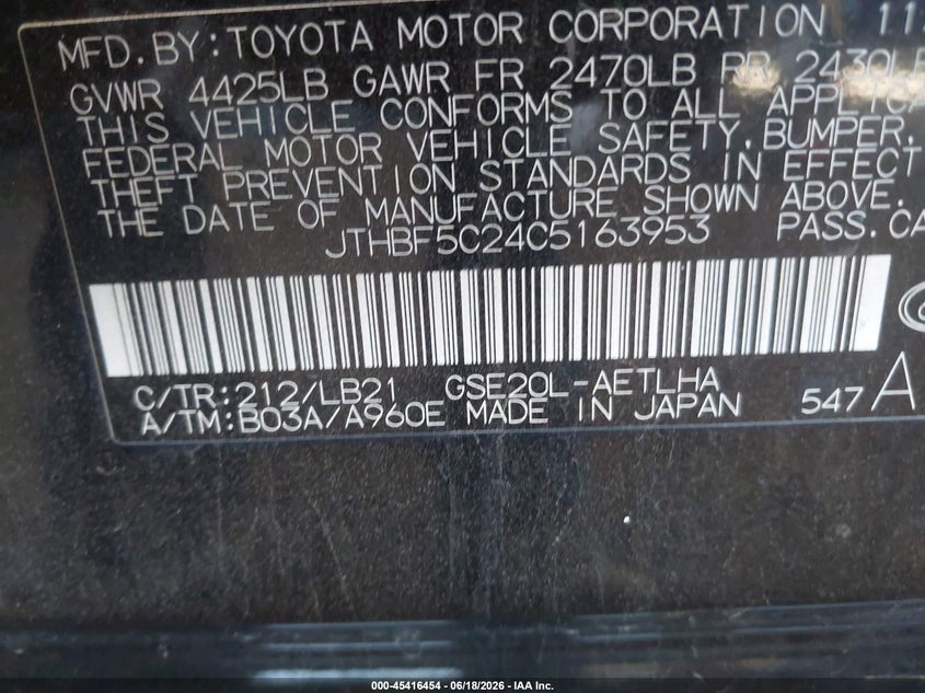 2012 Lexus Is 250 VIN JTHBF5C24C5163953 IAAI salvage auction — NORMAL WEAR, Restored (Arizona), sold $25 on 2026-07-28 (photo 9)
