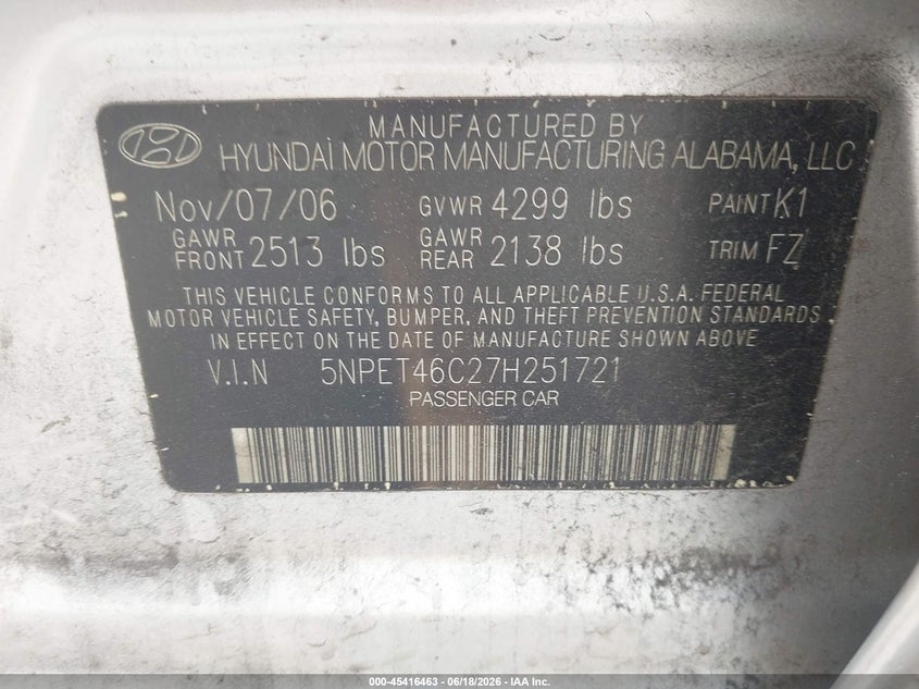 2007 Hyundai Sonata VIN 5NPET46C27H251721 IAAI salvage auction — NORMAL WEAR, Clear (Florida), sold $375 on 2026-07-23 (photo 9)