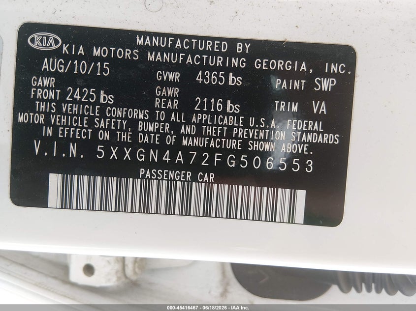 2015 Kia Optima VIN 5XXGN4A72FG506553 IAAI salvage auction — NORMAL WEAR, Original (Texas), sold $1,050 on 2026-07-08 (photo 9)