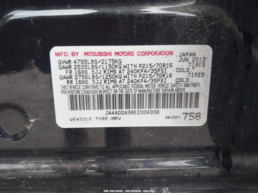 2014 Mitsubishi Outlander VIN JA4AD2A39EZ006938 IAAI salvage auction — LEFT SIDE, Clear (Alabama), sold $250 on 2026-07-08 (photo 9)
