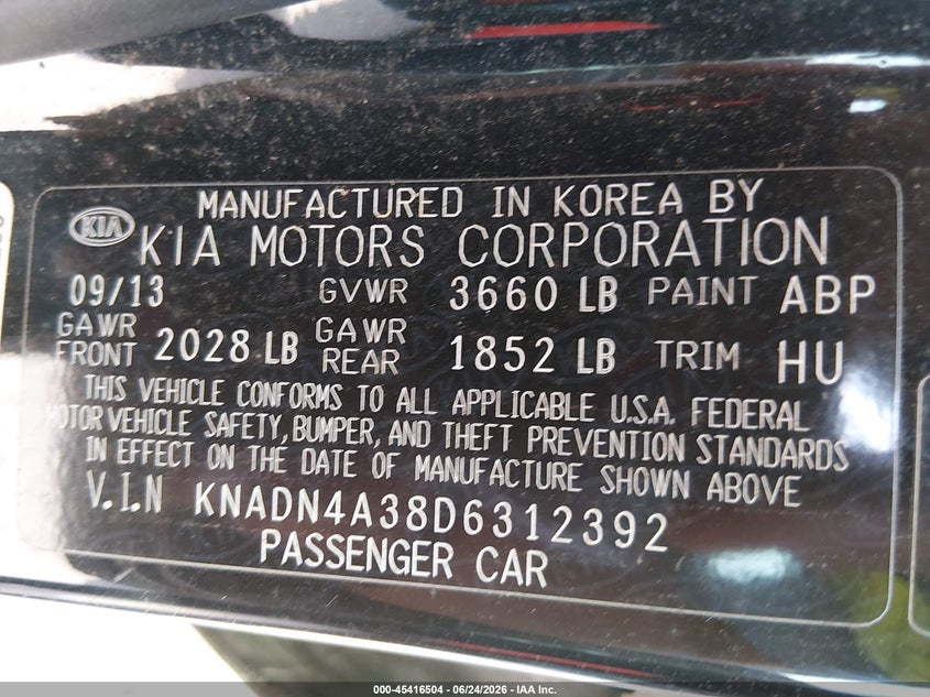 2013 Kia Rio VIN KNADN4A38D6312392 IAAI salvage auction — NORMAL WEAR, Original (Texas), sold $550 on 2026-07-13 (photo 9)
