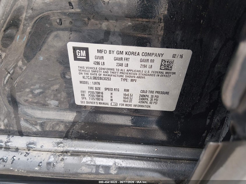 2016 Chevrolet Trax VIN KL7CJLSB2GB630253 IAAI salvage auction — NORMAL WEAR, Repossession Paperwork (Georgia), sold $775 on 2026-07-17 (photo 9)