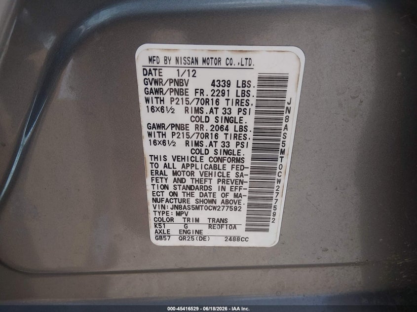 2012 Nissan Rogue sport VIN JN8AS5MT0CW277592 IAAI salvage auction — NORMAL WEAR, Original (Texas), sold $500 on 2026-07-08 (photo 9)