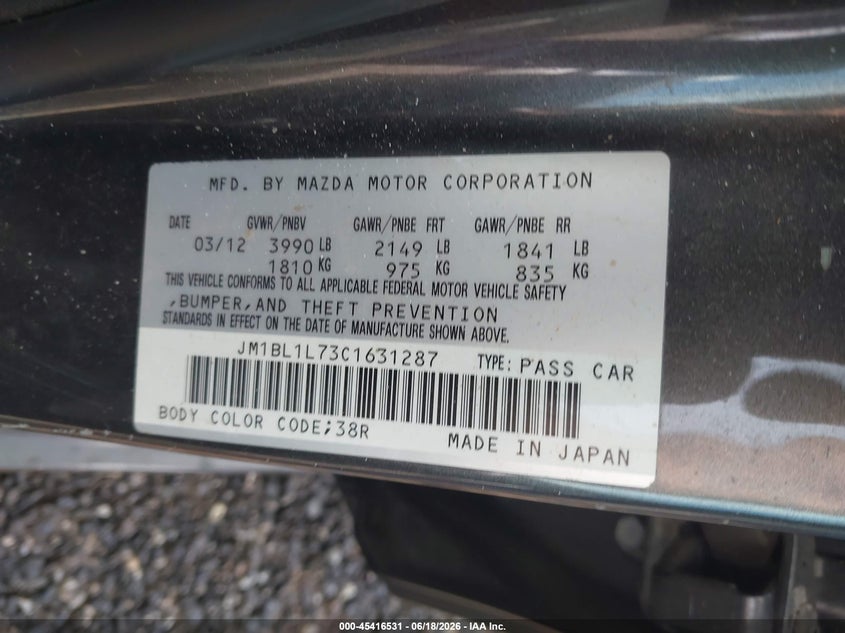 2012 Mazda 3 VIN JM1BL1L73C1631287 IAAI salvage auction — NORMAL WEAR, Repossession Paperwork (South Carolina), sold $425 on 2026-07-21 (photo 9)