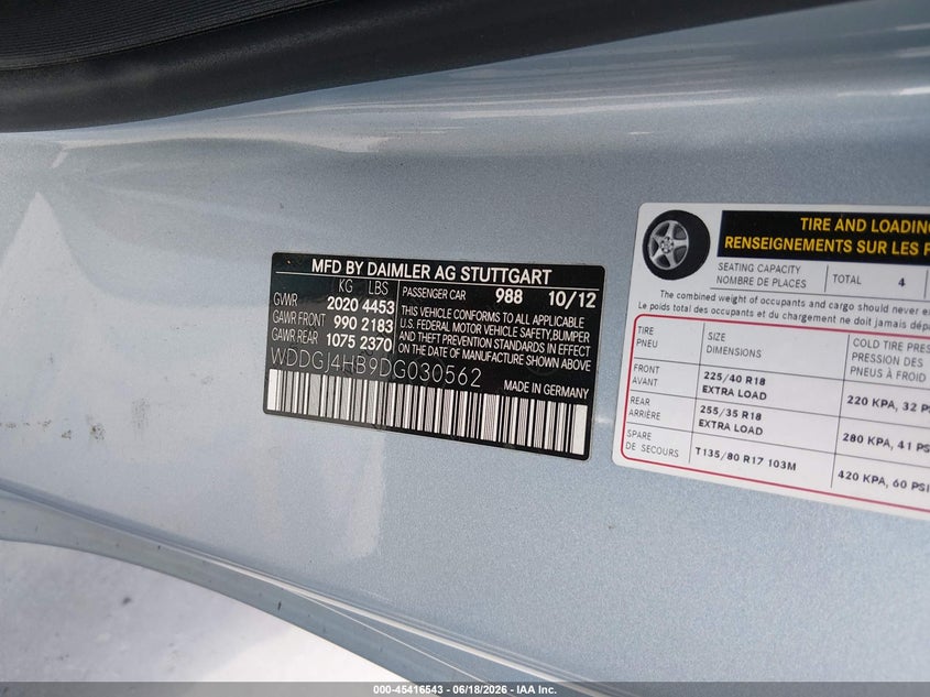 2013 Mercedes-benz C-klasse VIN WDDGJ4HB9DG030562 IAAI salvage auction — NORMAL WEAR, Original (Texas), sold $525 on 2026-07-06 (photo 9)