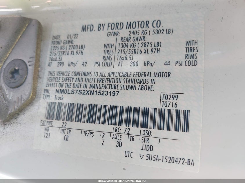 2022 Ford Transit connect VIN NM0LS7S2XN1523197 IAAI salvage auction — FRONT END, Clear (Florida), sold $350 on 2026-07-09 (photo 9)