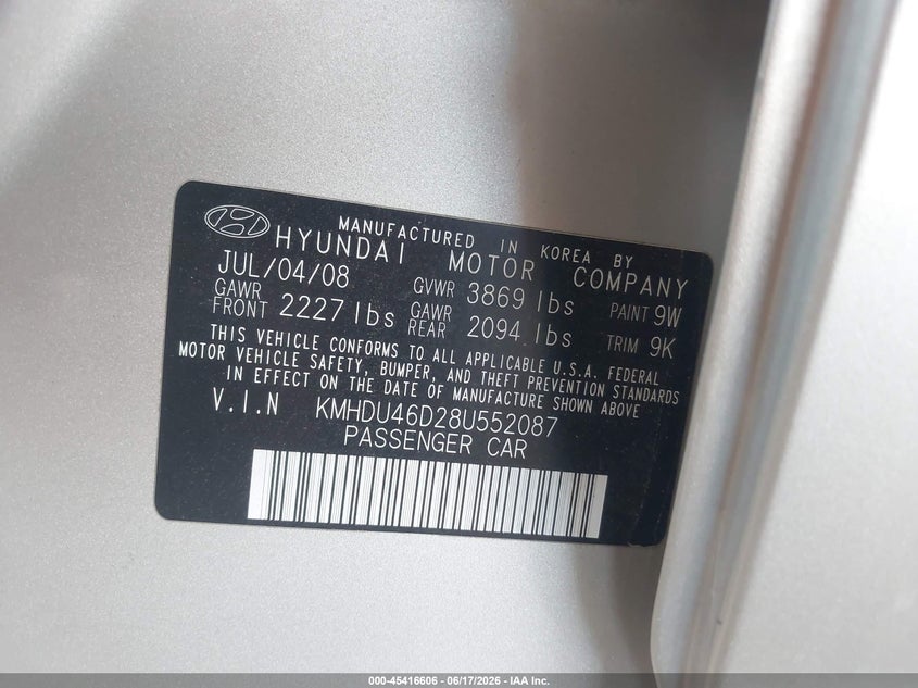 2008 Hyundai Elantra VIN KMHDU46D28U552087 IAAI salvage auction — NORMAL WEAR, Clear (Arizona), sold $600 on 2026-07-28 (photo 9)