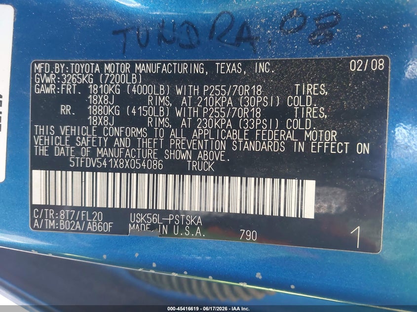 2008 Toyota Tundra VIN 5TFDV541X8X054086 IAAI salvage auction — NORMAL WEAR, Clear (New York), sold $2,350 on 2026-07-14 (photo 9)