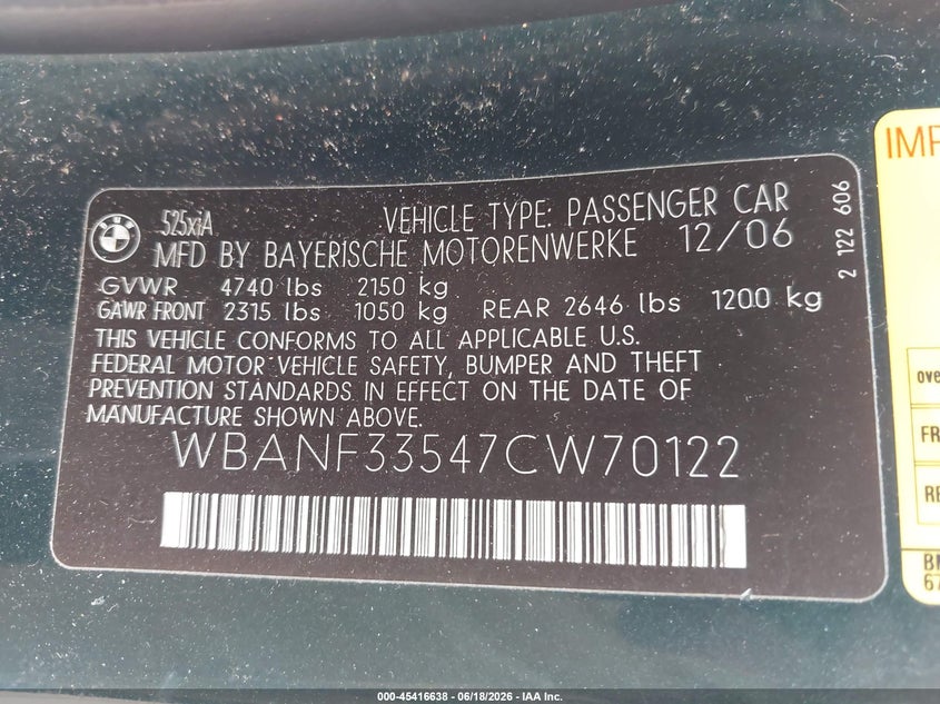 2007 BMW 5 series VIN WBANF33547CW70122 IAAI salvage auction — LEFT FRONT, Salvage - Greater Than 75% (Maryland), sold $250 on 2026-07-21 (photo 9)