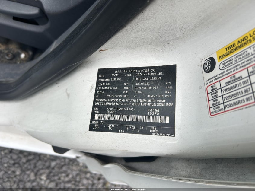 2012 Ford VIN NM0LS7DN3CT090024 IAAI salvage auction — REAR END, Clear (South Carolina), sold $225 on 2026-07-13 (photo 9)