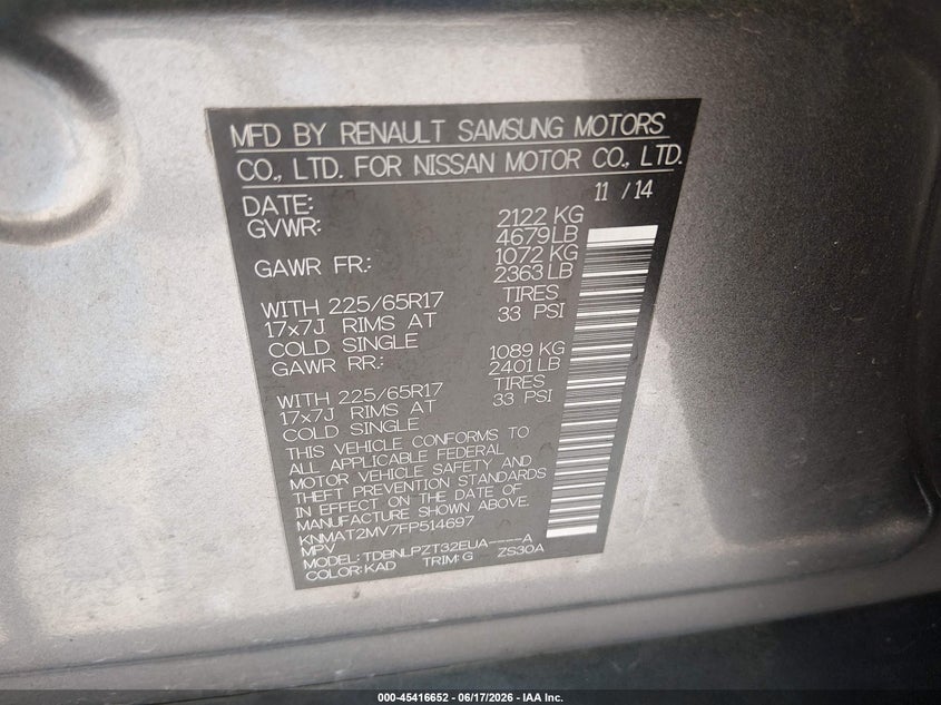 2015 Nissan Rogue VIN KNMAT2MV7FP514697 IAAI salvage auction — REAR END, Certificate Of Title (Nebraska), sold $1,125 on 2026-07-23 (photo 9)