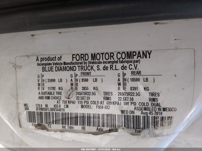 2011 Ford F-650 VIN 3FRWX6FL5BV344818 IAAI salvage auction — FRONT END, Clear (Tennessee), sold $15,350 on 2026-08-06 (photo 9)