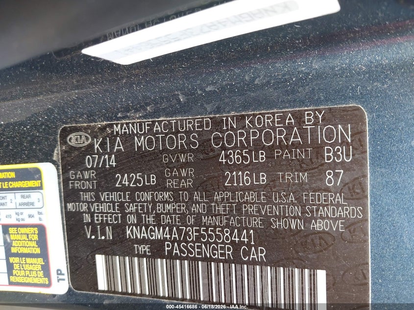 2015 Kia Optima VIN KNAGM4A73F5558441 IAAI salvage auction — REPOSSESSION, Salvage Title, sold $25 on 2026-07-23 (photo 9)