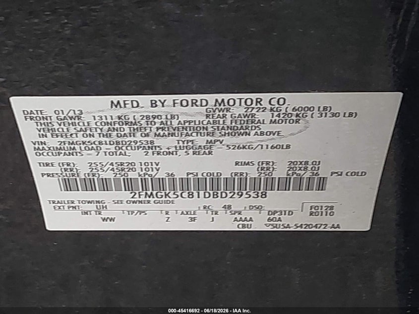 2013 Ford Flex VIN 2FMGK5C81DBD29538 IAAI salvage auction — NORMAL WEAR, Clear (Indiana), sold $1,050 on 2026-07-09 (photo 9)