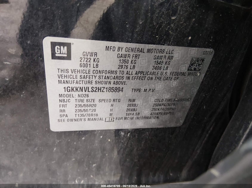2017 Gmc Acadia VIN 1GKKNVLS2HZ185894 IAAI salvage auction — LEFT FRONT, Salvage Title, sold $2,450 on 2026-07-28 (photo 9)