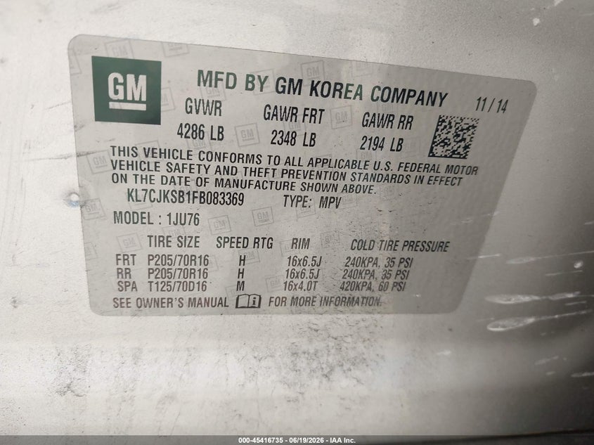 2015 Chevrolet Trax VIN KL7CJKSB1FB083369 IAAI salvage auction — LEFT & RIGHT, Salvage Title, sold $375 on 2026-07-28 (photo 9)