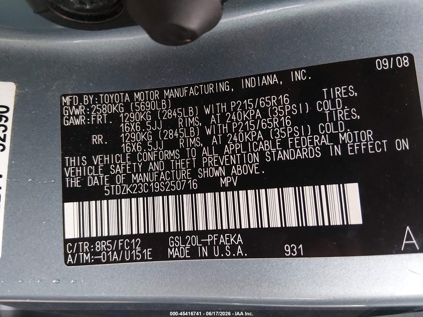 2009 Toyota Sienna VIN 5TDZK23C19S250716 IAAI salvage auction — RIGHT SIDE, Salvage (Ohio), sold $700 on 2026-07-07 (photo 9)