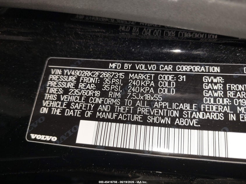 2015 Volvo Xc60 VIN YV4902RK2F2667315 IAAI salvage auction — NORMAL WEAR, Clear (New Jersey), sold $1,075 on 2026-07-20 (photo 9)