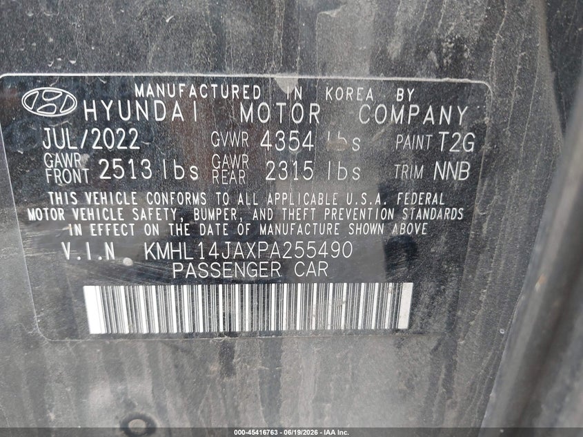 2023 Hyundai Sonata VIN KMHL14JAXPA255490 IAAI salvage auction — FRONT END, Salvage Title, sold $3,400 on 2026-07-28 (photo 9)