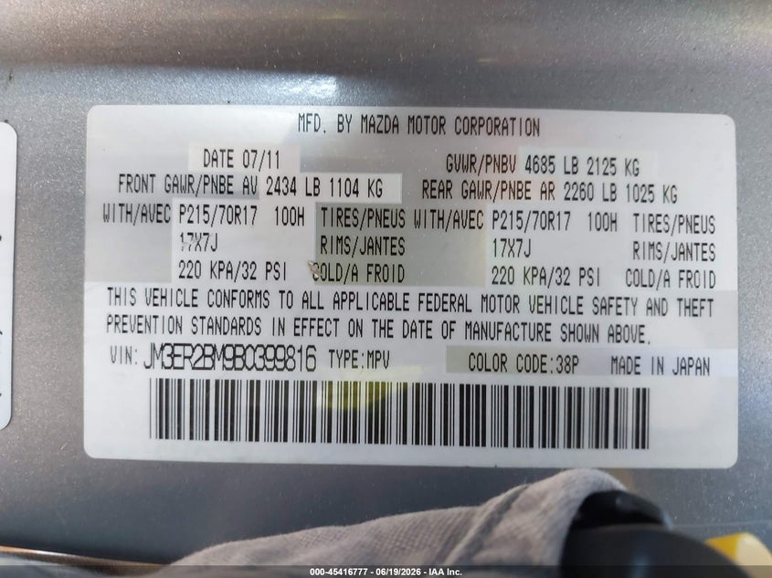 2011 Mazda Cx-7 VIN JM3ER2BM9B0399816 IAAI salvage auction — FRONT END, Salvage (Ohio), sold $325 on 2026-07-06 (photo 9)