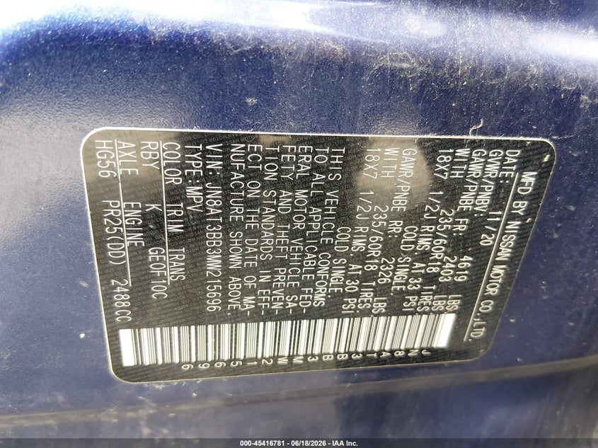 2021 Nissan Rogue VIN JN8AT3BB3MW215696 IAAI salvage auction — REAR END, Salvage Title, sold $5,300 on 2026-07-15 (photo 9)