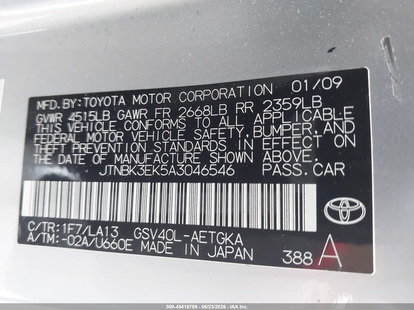 2010 Toyota Camry VIN JTNBK3EK5A3046546 IAAI salvage auction — REAR END, Rebuildable (Florida), sold $1,350 on 2026-07-13 (photo 9)