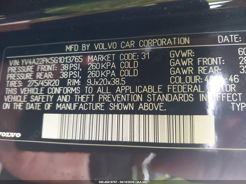 2016 Volvo Xc90 VIN YV4A22PK5G1013765 IAAI salvage auction — FRONT END, Salvage (Idaho), sold $4,900 on 2026-07-23 (photo 9)