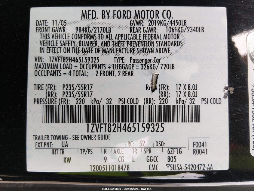 2006 Ford Mustang VIN 1ZVFT82H465159325 IAAI salvage auction — FRONT END, Salvage (New Jersey), sold $25 on 2026-07-27 (photo 9)