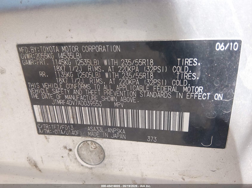 2010 Toyota Rav4 VIN JTMRF4DV7AD039553 IAAI salvage auction — FRONT & REAR, Salvage (Ohio), sold $525 on 2026-07-28 (photo 9)
