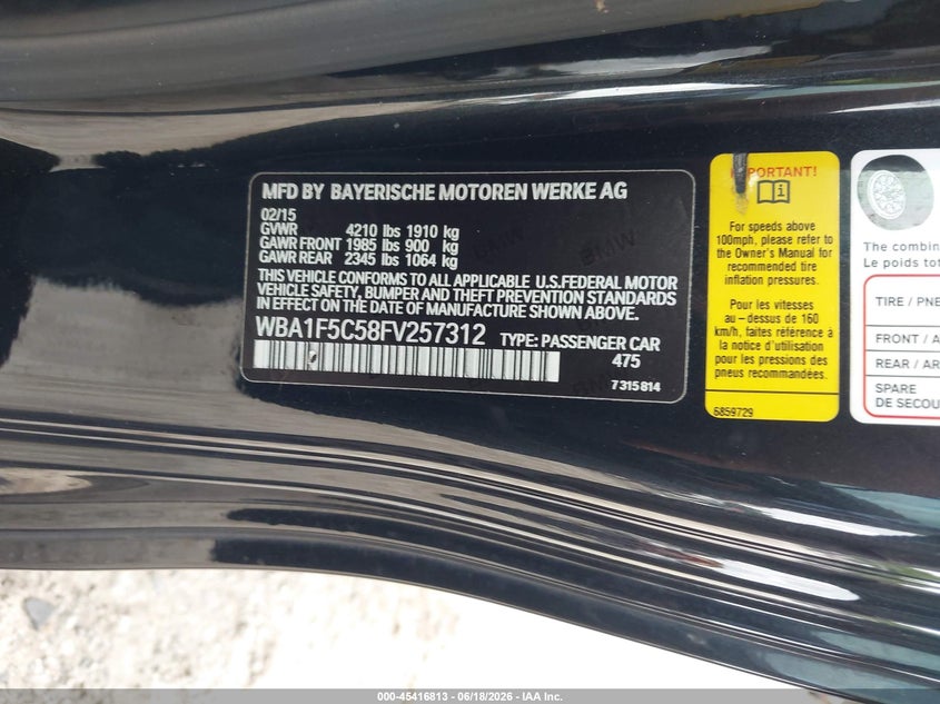 2015 BMW 2er VIN WBA1F5C58FV257312 IAAI salvage auction — RIGHT SIDE, Salvage (Georgia), sold $2,000 on 2026-08-07 (photo 9)
