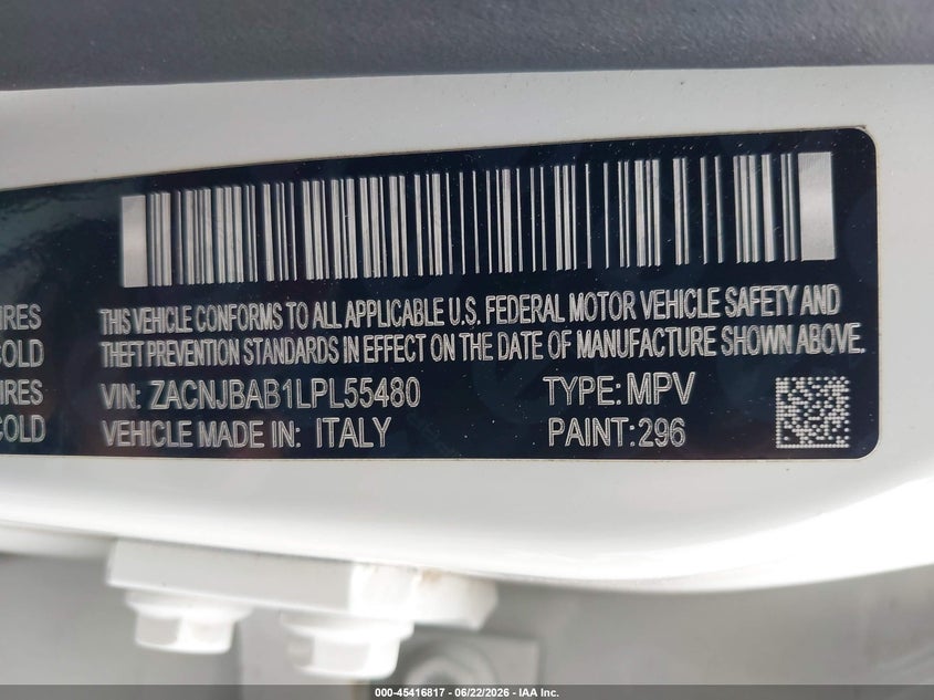 2020 Jeep Renegade VIN ZACNJBAB1LPL55480 IAAI salvage auction — FRONT END, Salvage Title, sold $1,700 on 2026-08-20 (photo 9)