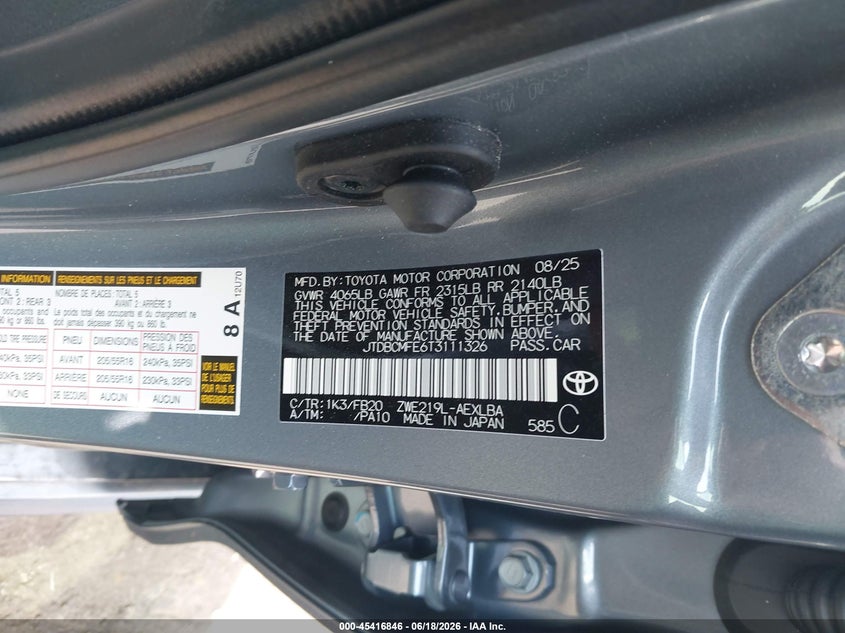 2026 Toyota Corolla VIN JTDBCMFE6T3111326 IAAI salvage auction — FRONT END, Salvage (Idaho), sold $3,375 on 2026-07-16 (photo 9)
