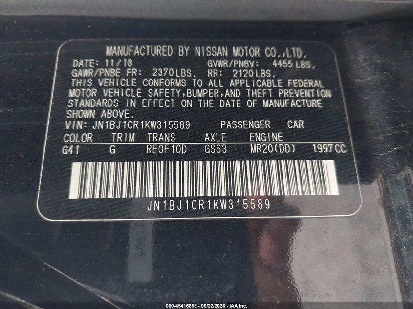 2019 Nissan Rogue VIN JN1BJ1CR1KW315589 IAAI salvage auction — RIGHT FRONT, Salvage Title, sold $1,750 on 2026-07-23 (photo 9)