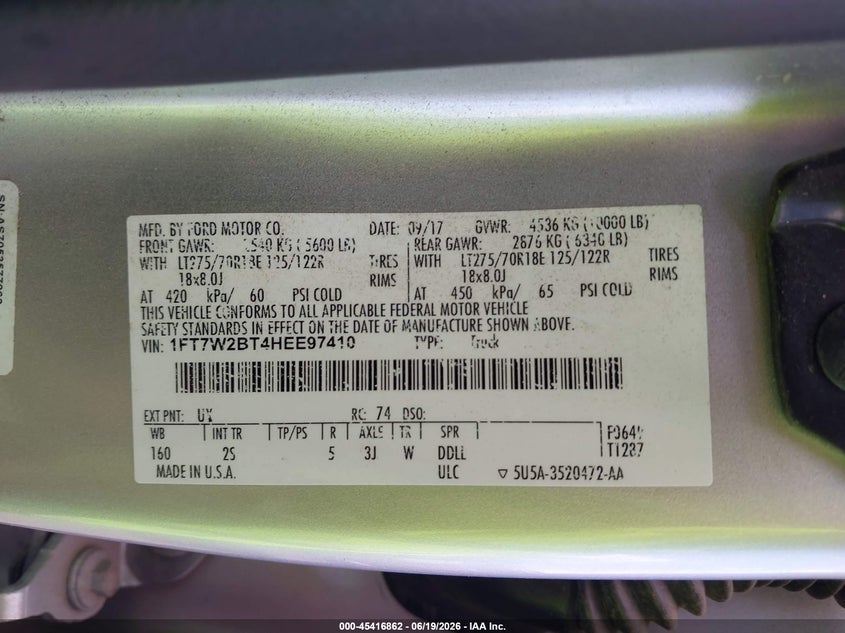 2017 Ford F250 VIN 1FT7W2BT4HEE97410 IAAI salvage auction — RIGHT SIDE, Salvage Title, sold $7,000 on 2026-07-29 (photo 9)