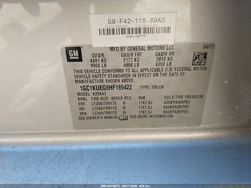 2017 Chevrolet Silverado 2500 VIN 1GC1KUEG8HF189422 IAAI salvage auction — NORMAL WEAR, SF97 (Virginia), sold $14,600 on 2026-07-22 (photo 9)