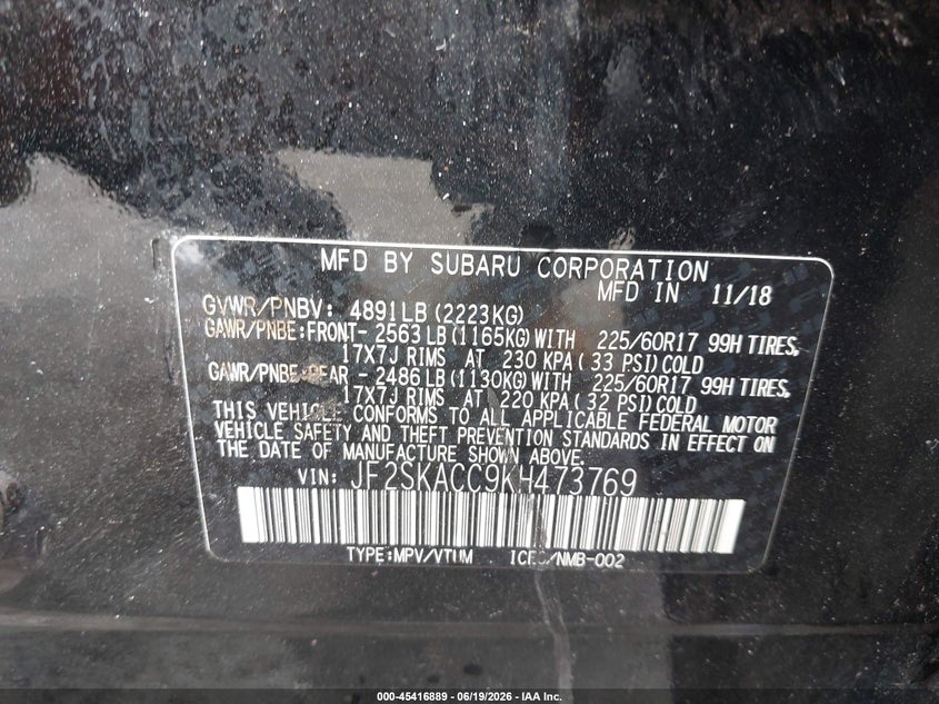 2019 Subaru Forester VIN JF2SKACC9KH473769 IAAI salvage auction — FRONT END, Salvage (Ohio), sold $650 on 2026-07-29 (photo 9)