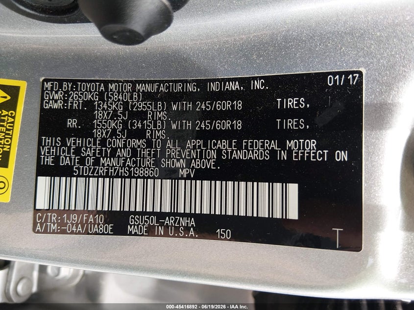 2017 Toyota Highlander VIN 5TDZZRFH7HS198860 IAAI salvage auction — HAIL, Clear (Oklahoma), sold $9,500 on 2026-07-28 (photo 9)