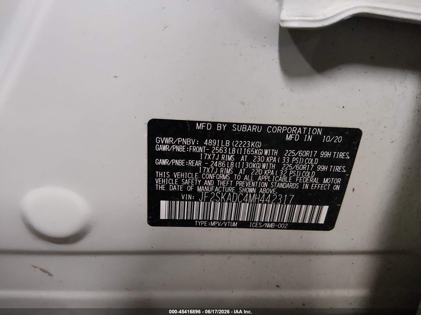2021 Subaru Forester VIN JF2SKADC4MH442317 IAAI salvage auction — RIGHT FRONT, Salvage Title, sold $3,850 on 2026-07-28 (photo 9)