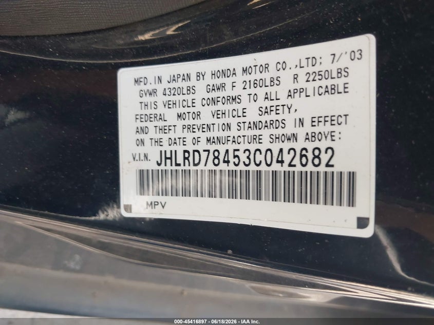 2003 Honda Cr-v VIN JHLRD78453C042682 IAAI salvage auction — NORMAL WEAR, Original (Texas), sold $1,850 on 2026-07-06 (photo 9)