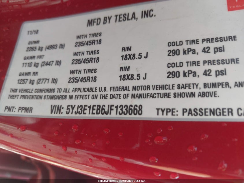 2018 Tesla Model 3 VIN 5YJ3E1EB6JF133668 IAAI salvage auction — FRONT END, Salvage Title, sold $6,100 on 2026-07-16 (photo 9)