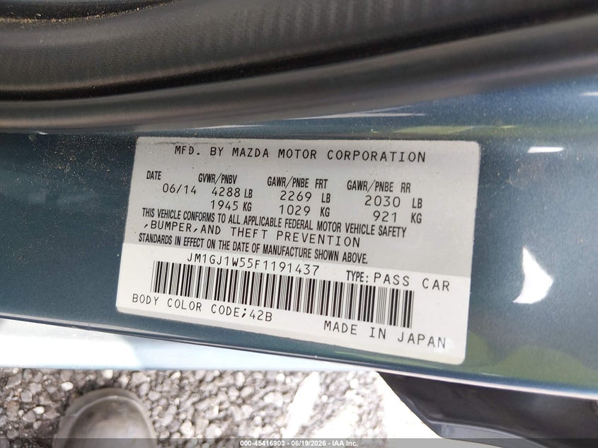 2015 Mazda 6 VIN JM1GJ1W55F1191437 IAAI salvage auction — FRONT END, Salvage (South Carolina), sold $500 on 2026-07-28 (photo 9)