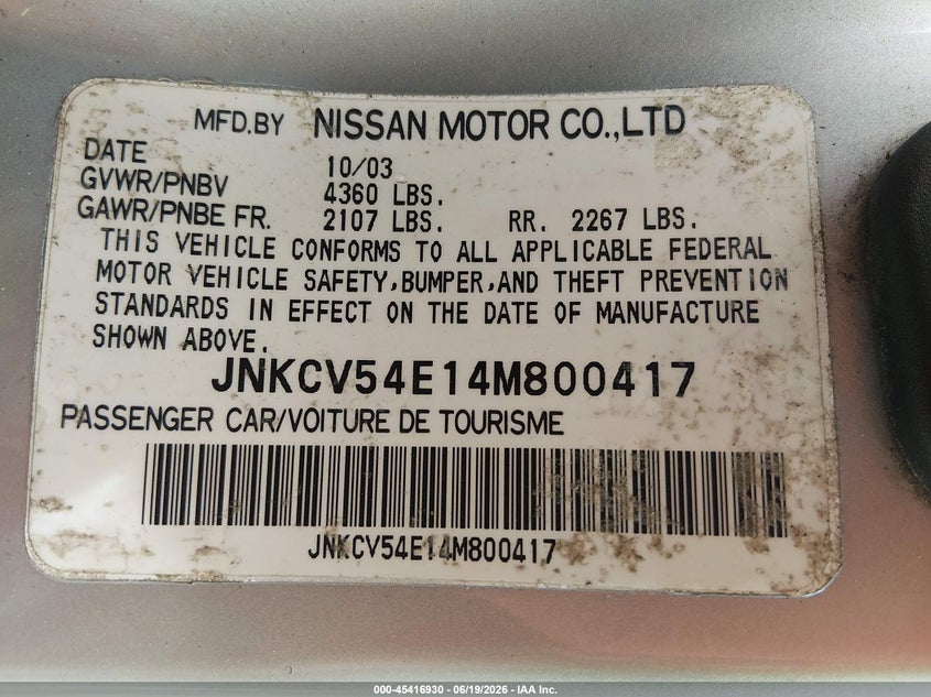 2004 Infiniti G35 VIN JNKCV54E14M800417 IAAI salvage auction — FRONT END, Salvage (Pennsylvania), sold $225 on 2026-07-31 (photo 9)