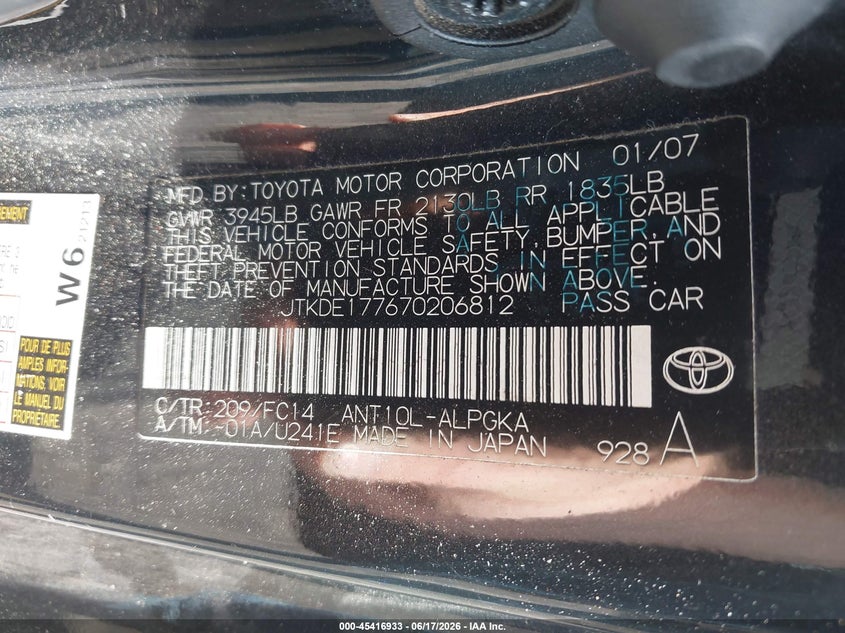 2007 Scion Tc VIN JTKDE177670206812 IAAI salvage auction — LEFT REAR, Mv-907A (New York), sold $450 on 2026-07-16 (photo 9)