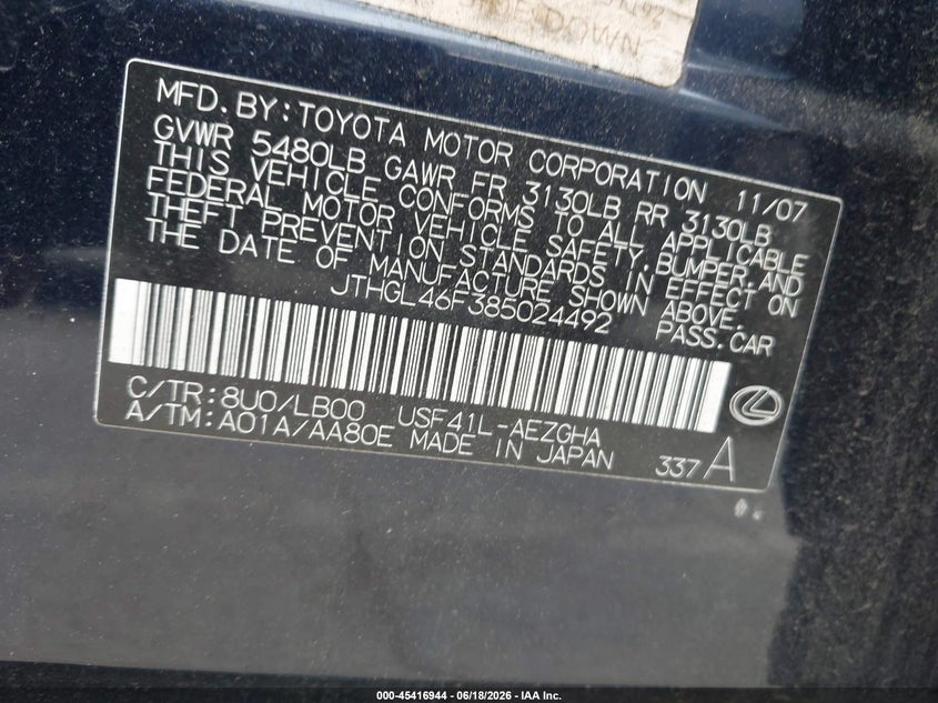 2008 Lexus Ls 460 VIN JTHGL46F385024492 IAAI salvage auction — NORMAL WEAR, Clear-Dealer Only (North Carolina), sold $875 on 2026-07-27 (photo 9)
