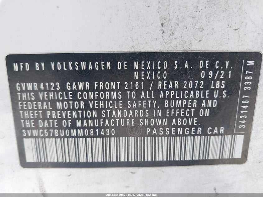 2021 Volkswagen Jetta VIN 3VWC57BU0MM081430 IAAI salvage auction — FRONT END, Salvage (California), sold $1,950 on 2026-07-09 (photo 9)