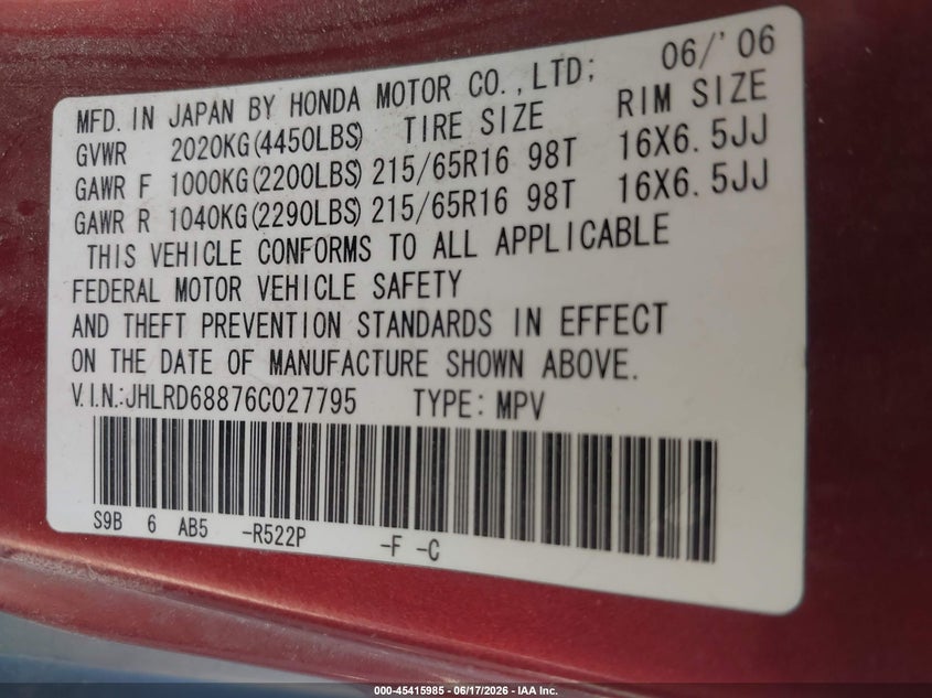 2006 Honda Cr-v VIN JHLRD68876C027795 IAAI salvage auction — FRONT END, Salvage (California), sold $825 on 2026-07-22 (photo 9)