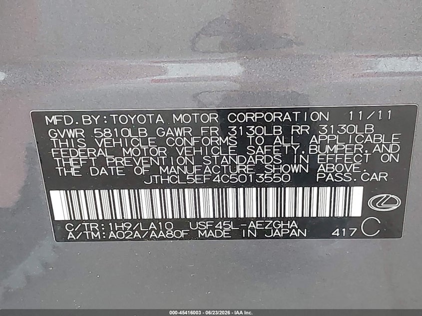 2012 Lexus Ls VIN JTHCL5EF4C5013550 IAAI salvage auction — LEFT FRONT, Bill Of Sale (Washington), sold $1,675 on 2026-07-29 (photo 9)